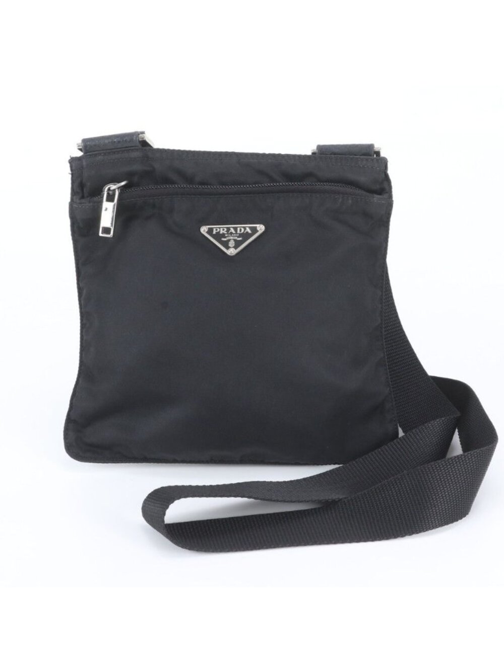 Prada Tessuto Nylon Triangle Logo Leather Shoulder Bag Crossbody Black